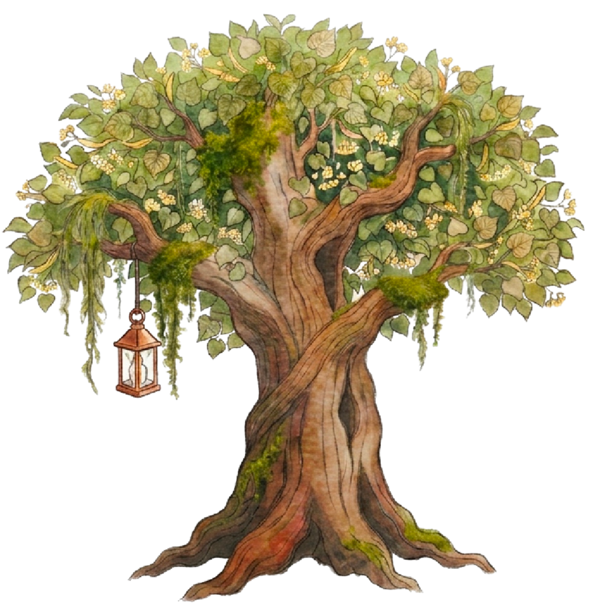 A grand linden tree with a little door, hanging lantern, and three children gathering in the woods