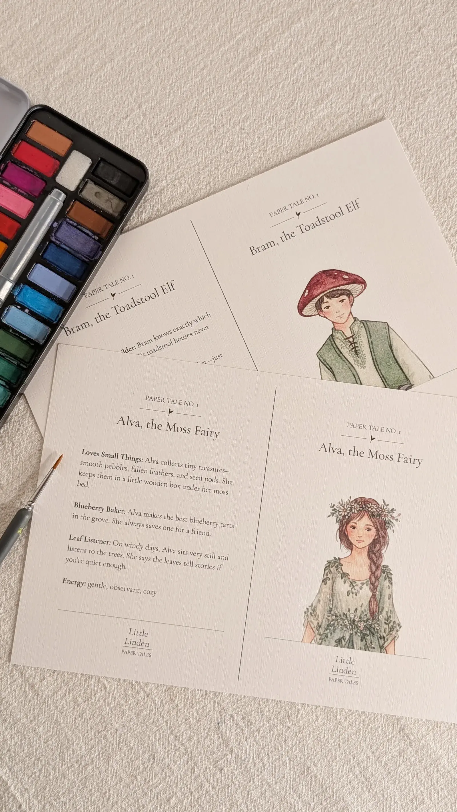 Illustrated printable character cards introducing the Three Keepers of Linden Land.