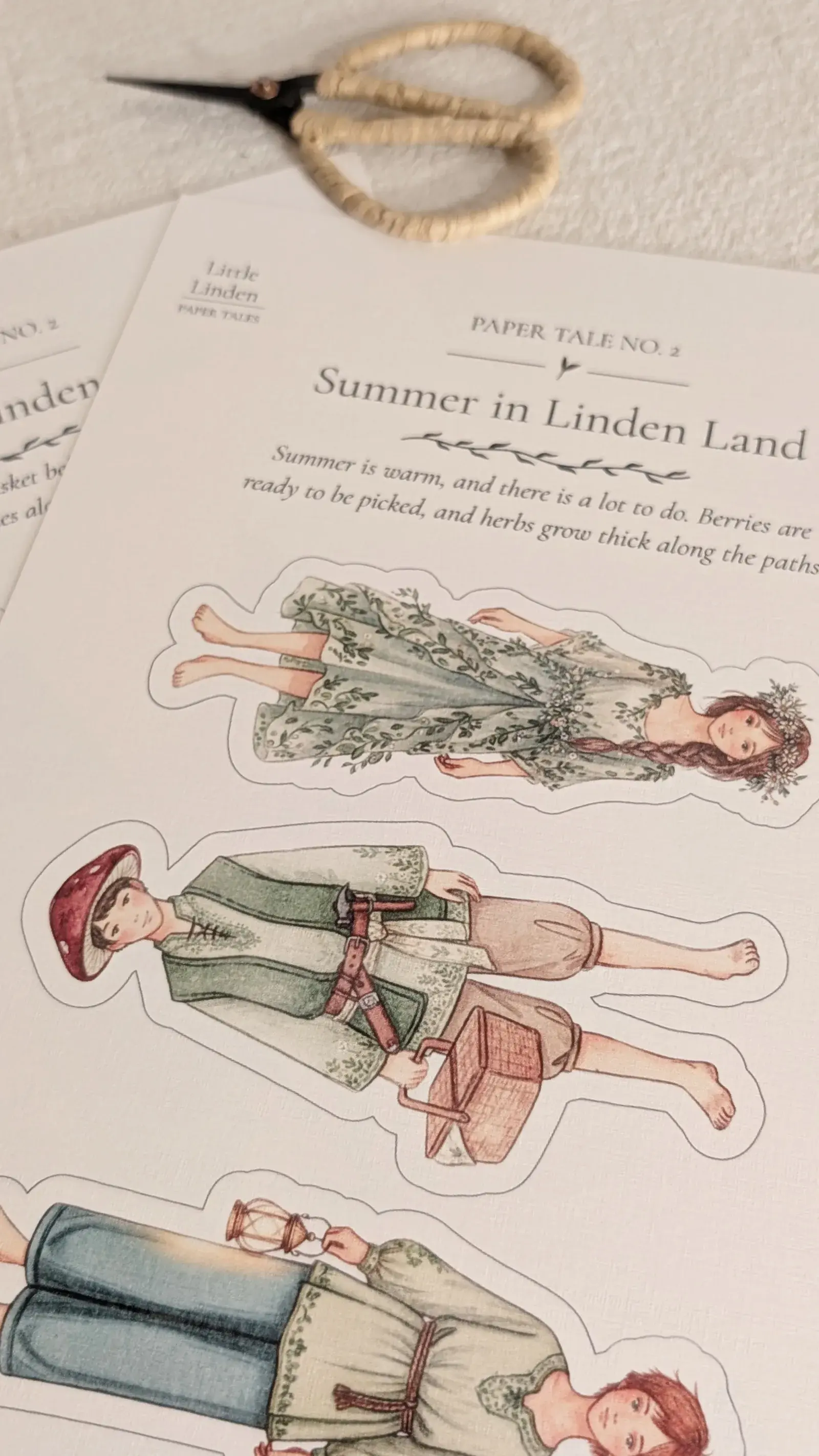 Printable Little Linden characters Alva, Bram, and Nori with summer props for storytelling and theater play.