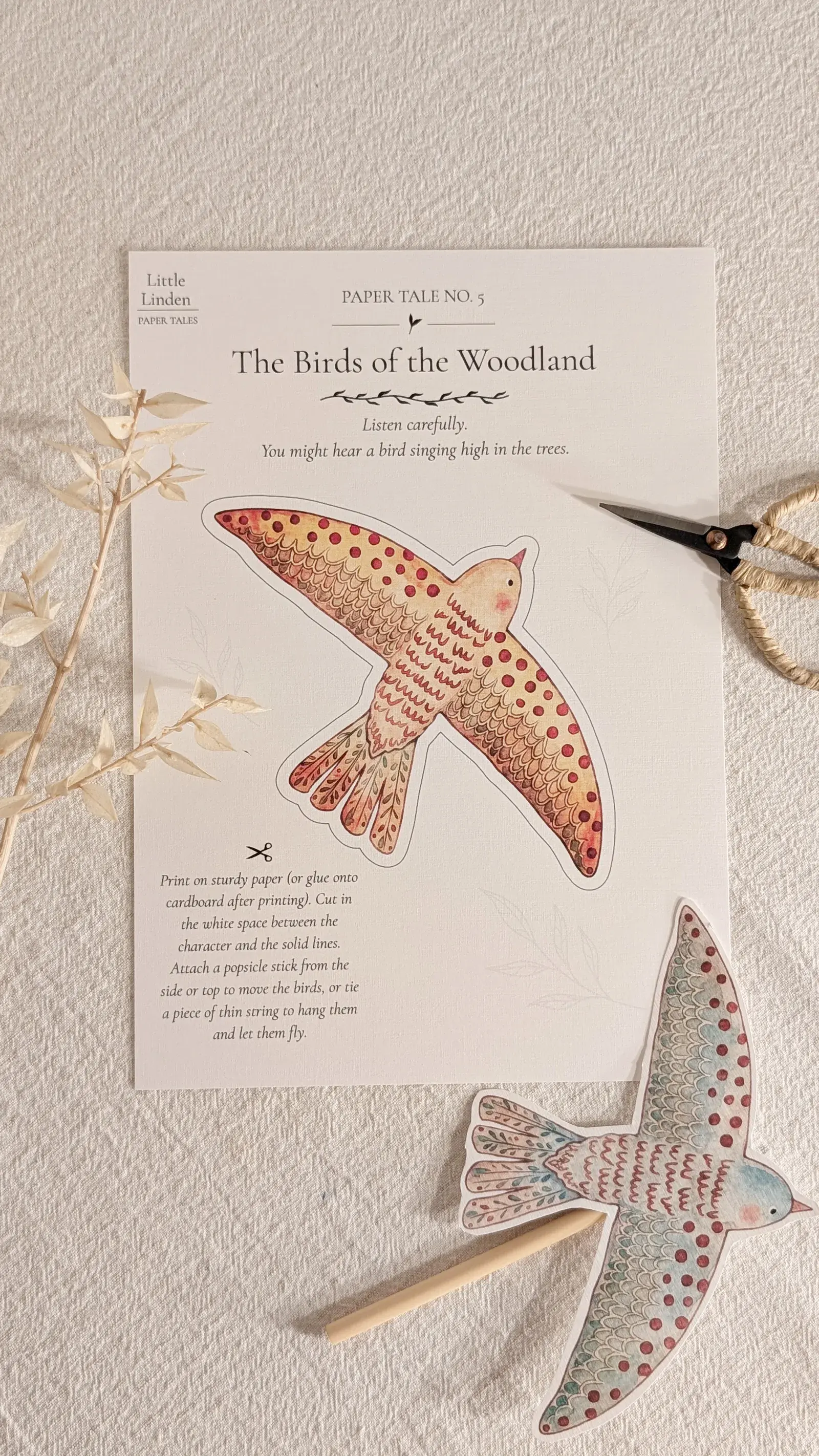 Printable woodland bird characters with nests and forest scenery for storytelling play.