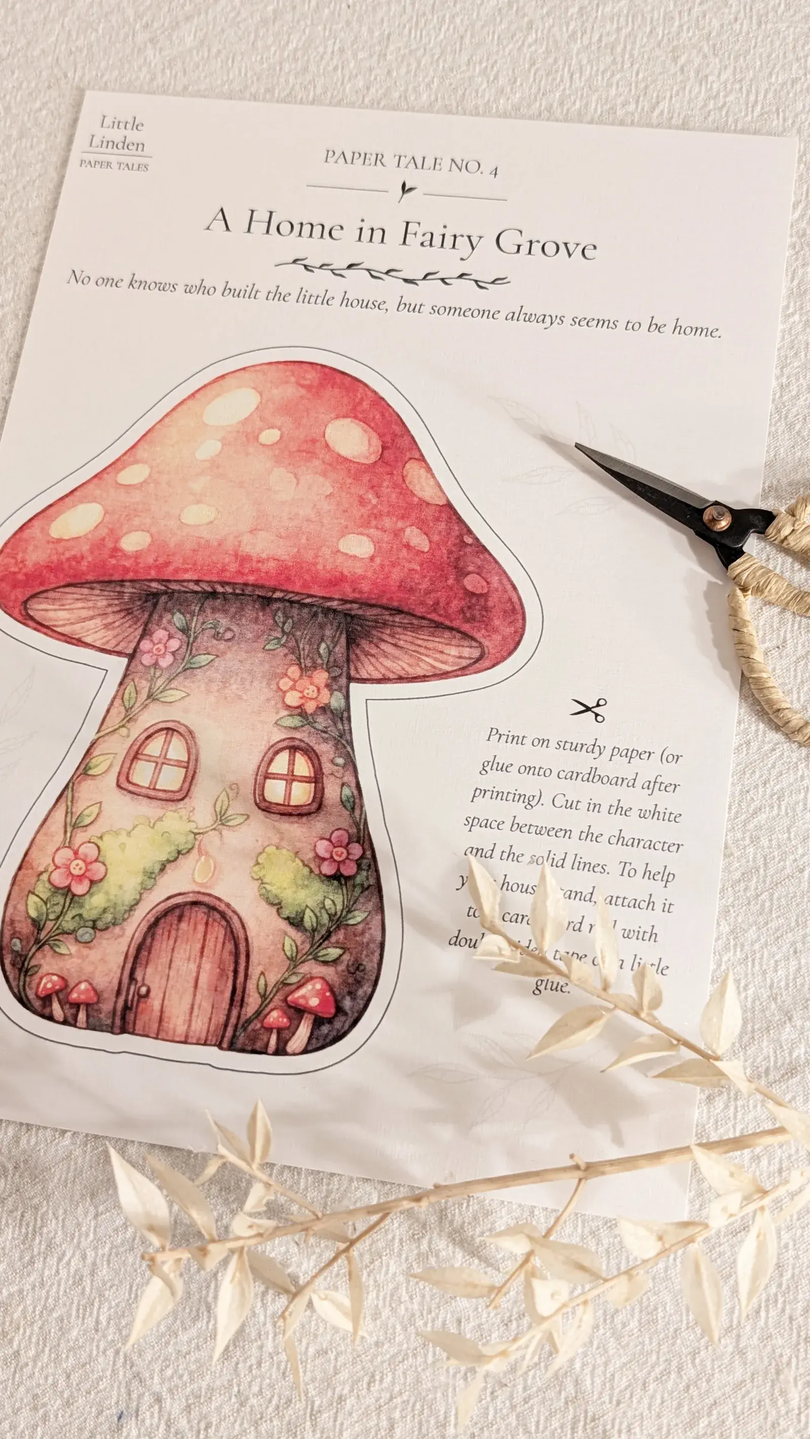Printable toadstool fairy house with woodland characters ready to cut out and assemble.