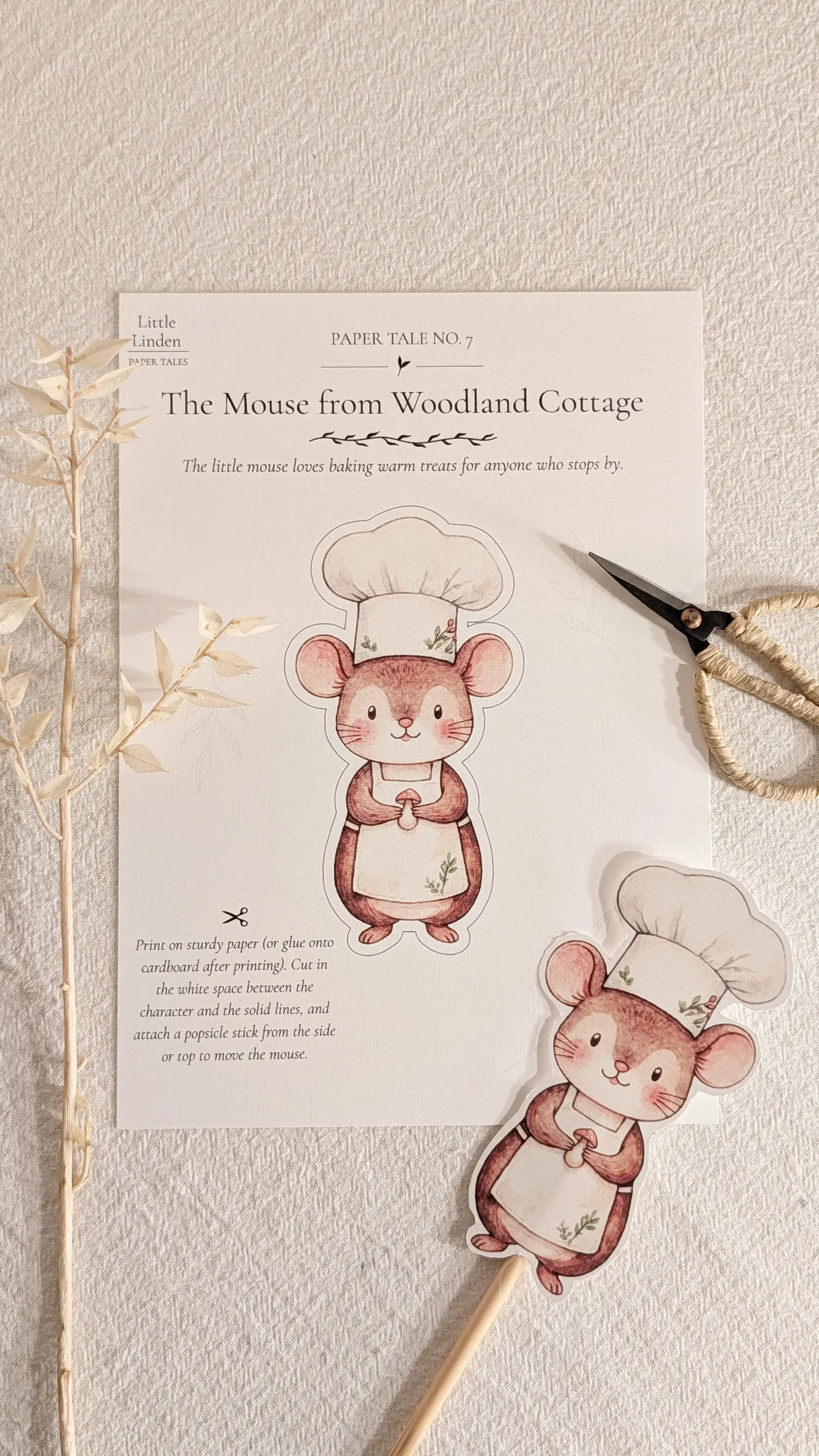 Printable woodland mouse paper characters with bakery props ready to cut out for imaginative play.