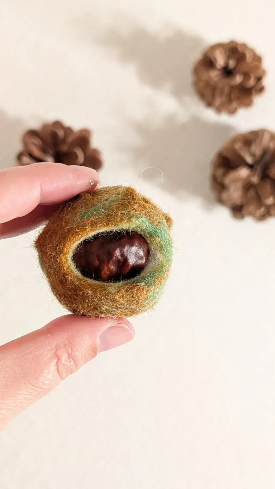 Horse chestnuts covered in soft felted wool in natural woodland colors