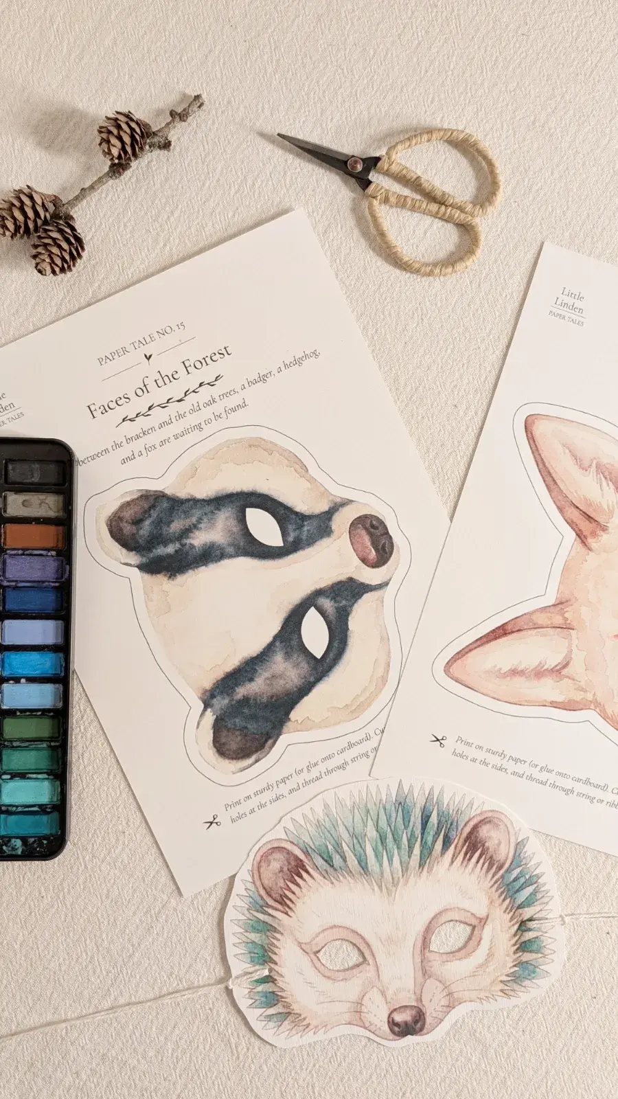 Printable hedgehog, badger, and fox masks for children